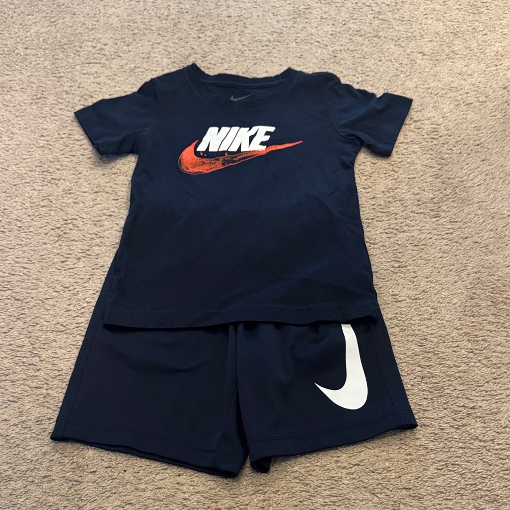 Nike Navy Kids Tee & Shorts Set with Orange and White Logos